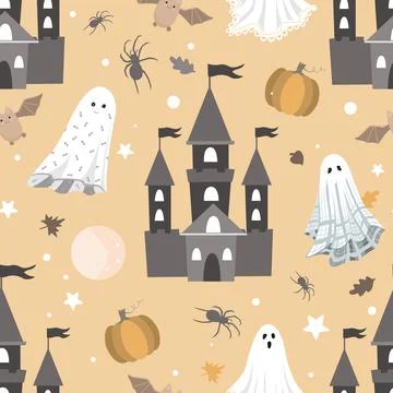 Cute pattern for Halloween. Castles, ghosts, bats, and pumpkins. Vector Stock Illustration