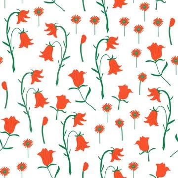 Cute pattern with hand drawn red flowers, hand drawn roses, simple flowers. Kids Stock Illustration