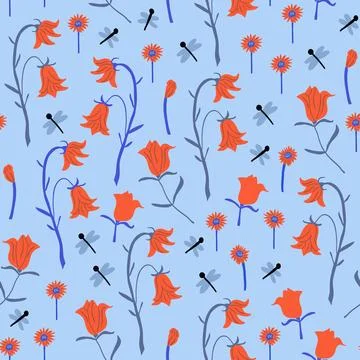 Cute pattern with hand drawn red flowers, hand drawn roses, dragonflies, simple Stock Illustration