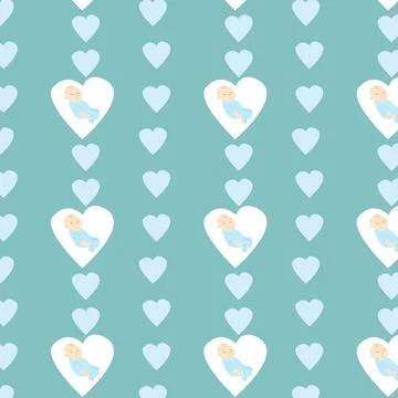Cute pattern with hearts and sleeping baby, vector Stock Illustration