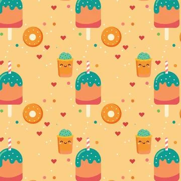 Cute Pattern with Ice Cream Popsicles, Donuts, and Smiling Cups Stock Illustration