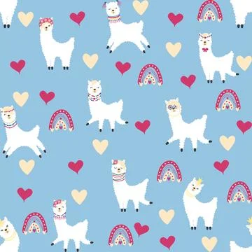 Cute pattern with llamas, cacti, Alps mountains, dream catcher, rainbows an.. Illustrazione stock