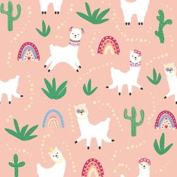 Cute pattern with llamas, cacti, Alps mountains, dream catcher, rainbows an.. Stock Illustration