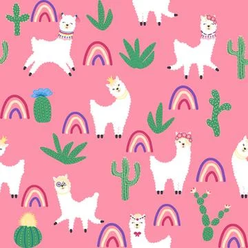 Cute pattern with llamas, cacti, Alps mountains, dream catcher, rainbows an.. 스톡 일러스트