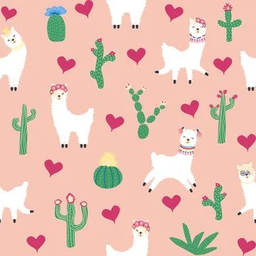 Cute pattern with llamas, cacti, Alps mountains, dream catcher, rainbows an.. 스톡 일러스트