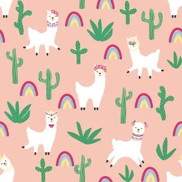 Cute pattern with llamas, cacti, Alps mountains, dream catcher, rainbows an.. Illustrazione stock