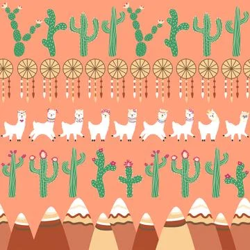 Cute pattern with llamas, cacti, Alps mountains, dream catcher, rainbows an.. Illustrazione stock