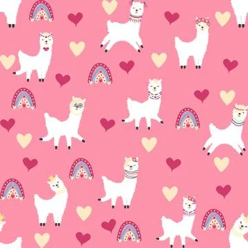 Cute pattern with llamas, cacti, Alps mountains, dream catcher, rainbows an.. 스톡 일러스트