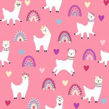 Cute pattern with llamas, cacti, Alps mountains, dream catcher, rainbows an.. 스톡 일러스트