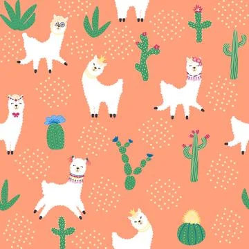 Cute pattern with llamas, cacti, Alps mountains, dream catcher, rainbows an.. Illustrazione stock
