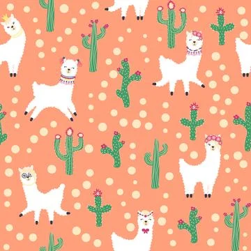 Cute pattern with llamas, cacti, Alps mountains, dream catcher, rainbows an.. Illustrazione stock