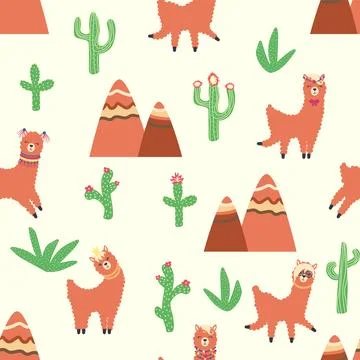Cute pattern with llamas, cacti, Alps mountains, dream catcher, rainbows and  Illustrazione stock