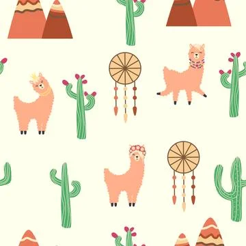 Cute pattern with llamas, cacti, Alps mountains, dream catcher, rainbows and  Illustrazione stock