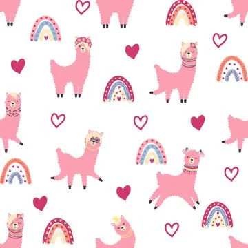 Cute pattern with llamas, cacti, Alps mountains, dream catcher, rainbows an.. Illustrazione stock