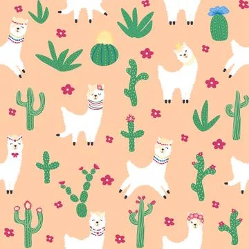 Cute pattern with llamas, cacti, Alps mountains, dream catcher, rainbows an.. 스톡 일러스트