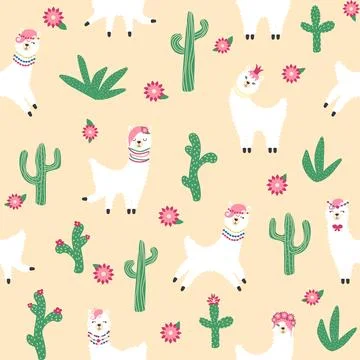 Cute pattern with llamas, cacti, Alps mountains, dream catcher, rainbows an.. Illustrazione stock