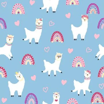 Cute pattern with llamas, cacti, Alps mountains, dream catcher, rainbows and  스톡 일러스트