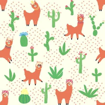 Cute pattern with llamas, cacti, Alps mountains, dream catcher, rainbows and  Illustrazione stock