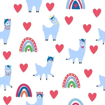 Cute pattern with llamas, cacti, Alps mountains, dream catcher, rainbows and  Illustrazione stock