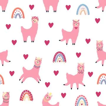 Cute pattern with llamas, cacti, Alps mountains, dream catcher, rainbows an.. Illustrazione stock