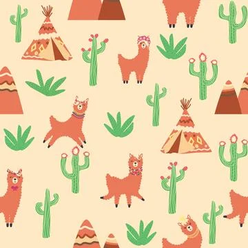 Cute pattern with llamas, cacti, Alps mountains, dream catcher, rainbows an.. Illustrazione stock