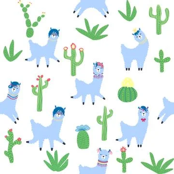 Cute pattern with llamas, cacti, Alps mountains, dream catcher, rainbows and  Illustrazione stock