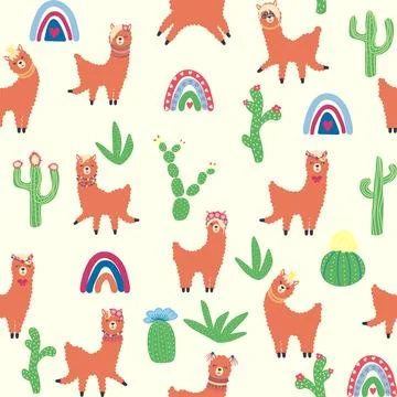Cute pattern with llamas, cacti, Alps mountains, dream catcher, rainbows and  Illustrazione stock