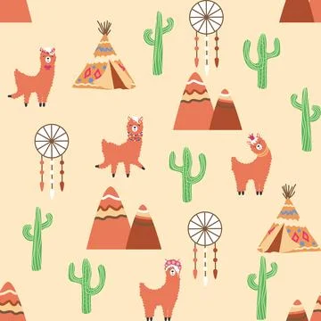 Cute pattern with llamas, cacti, Alps mountains, dream catcher, rainbows and  Illustrazione stock