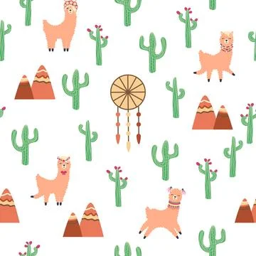 Cute pattern with llamas, cacti, Alps mountains, dream catcher, rainbows and  스톡 일러스트