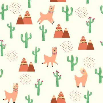 Cute pattern with llamas, cacti, Alps mountains, dream catcher, rainbows and  스톡 일러스트