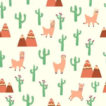 Cute pattern with llamas, cacti, Alps mountains, dream catcher, rainbows an.. Stock Illustration