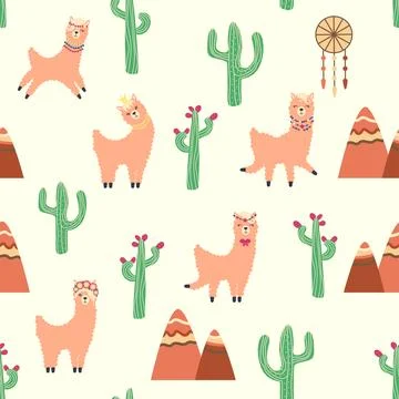 Cute pattern with llamas, cacti, Alps mountains, dream catcher, rainbows and  스톡 일러스트