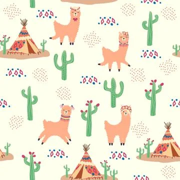 Cute pattern with llamas, cacti, Alps mountains, dream catcher, rainbows and  스톡 일러스트