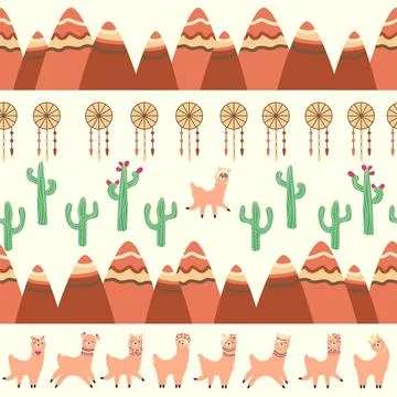 Cute pattern with llamas, cacti, Alps mountains, dream catcher, rainbows an.. Illustrazione stock