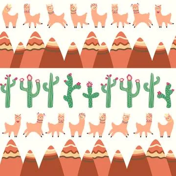 Cute pattern with llamas, cacti, Alps mountains, dream catcher, rainbows an.. Illustrazione stock