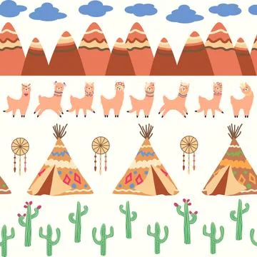 Cute pattern with llamas, cacti, Alps mountains, dream catcher, rainbows an.. Illustrazione stock
