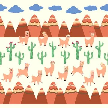 Cute pattern with llamas, cacti, Alps mountains, dream catcher, rainbows an.. 스톡 일러스트