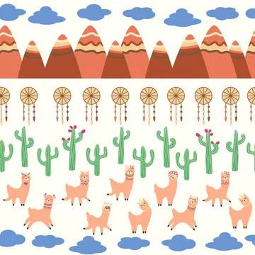 Cute pattern with llamas, cacti, Alps mountains, dream catcher, rainbows an.. 스톡 일러스트
