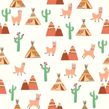 Cute pattern with llamas, cacti, Alps mountains, dream catcher, rainbows and  스톡 일러스트