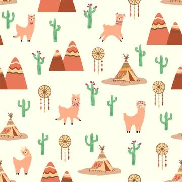 Cute pattern with llamas, cacti, Alps mountains, dream catcher, rainbows and  Illustrazione stock