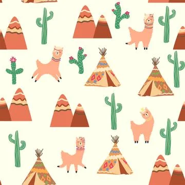 Cute pattern with llamas, cacti, Alps mountains, dream catcher, rainbows an.. Illustrazione stock
