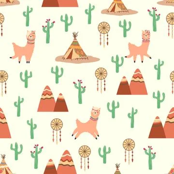 Cute pattern with llamas, cacti, Alps mountains, dream catcher, rainbows and  스톡 일러스트