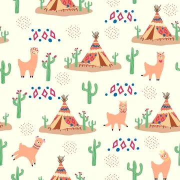 Cute pattern with llamas, cacti, Alps mountains, dream catcher, rainbows an.. Illustrazione stock