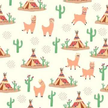 Cute pattern with llamas, cacti, Alps mountains, dream catcher, rainbows an.. Illustrazione stock