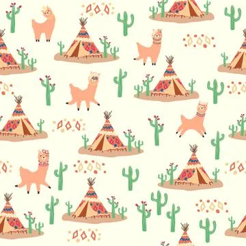 Cute pattern with llamas, cacti, Alps mountains, dream catcher, rainbows an.. Illustrazione stock