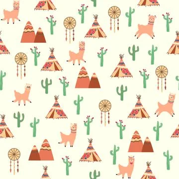 Cute pattern with llamas, cacti, Alps mountains, dream catcher, rainbows an.. Stock Illustration