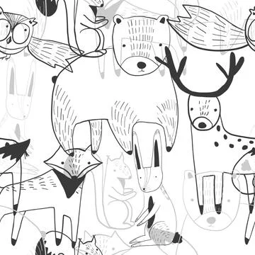 Cute pattern with mess of outline cartoon animals Stock Illustration