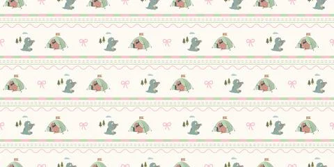 Cute pattern with pastel colored bunnies flowers and hearts in horizontal Stock Illustration