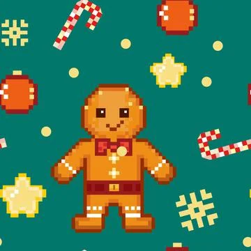 Cute pattern  pixel art  gingerbread man ,snowflakes,seamless Stock Illustration