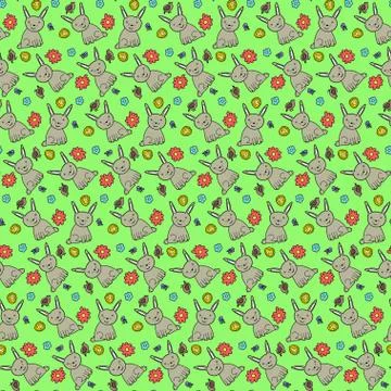 Cute pattern with rabbits, birds and flowers Stock Illustration